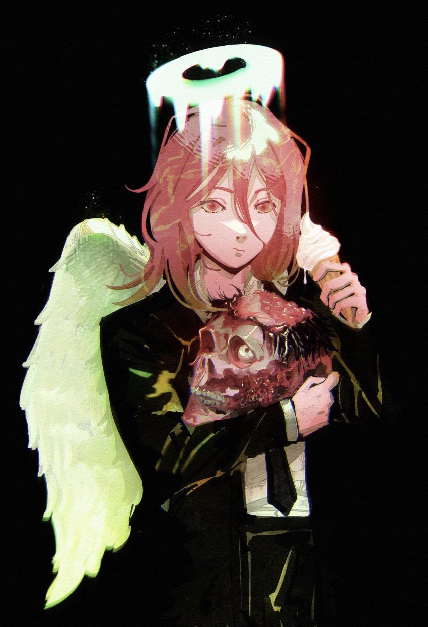 1boy, angel, angel_devil_(chainsaw_man), angel_wings, black_background, black_hair, black_jacket, black_necktie