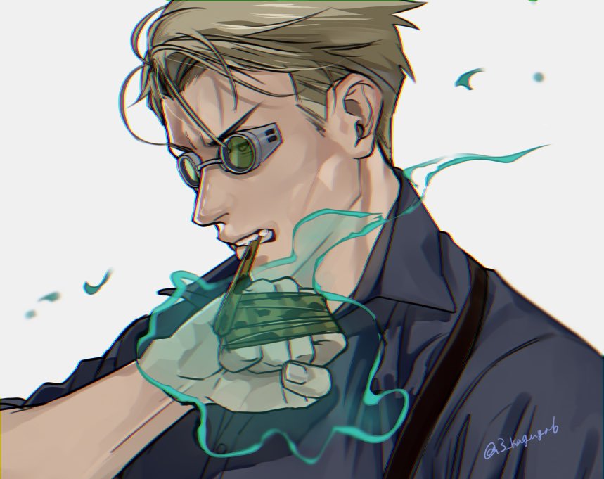1boy, animal_print, biting, blonde_hair, blue_shirt, collared_shirt, energy, goggles