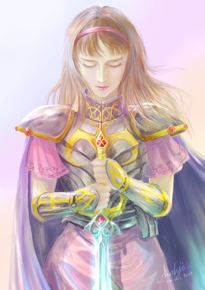 1girl, alisa_landeel, armor, armored_dress, blunt_bangs, brown_hair, cape, closed_eyes