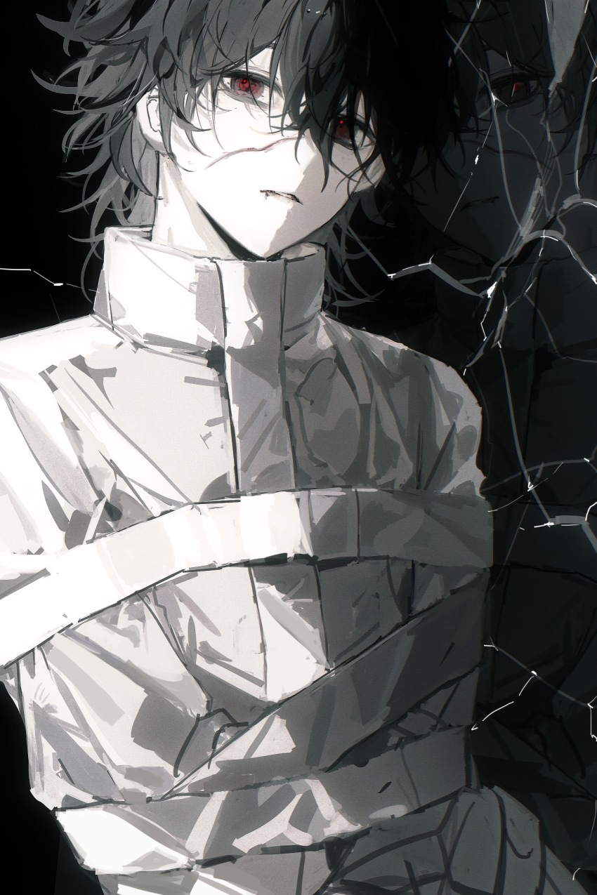 1boy, black_hair, broken_mirror, chest_harness, dao_gui_yi_xian, film_grain, harness, highres