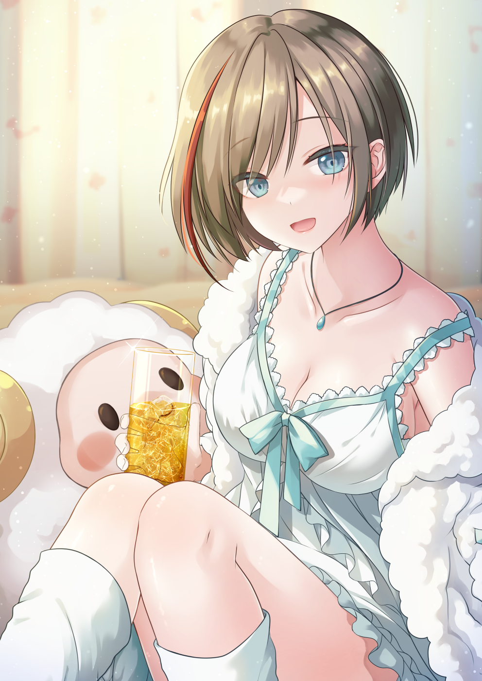 1girl, :d, blue_eyes, breasts, brown_hair, cleavage, collarbone, cup