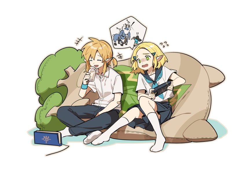 1boy, 1girl, bandaid, bandaid_on_arm, blue_neckerchief, bottle, closed_eyes, colored_skin, crossed_legs, drinking, earrings, full_body, green_eyes, grey_pants, grey_sailor_collar, grey_skin, hair_ornament, hairclip, handheld_game_console, highres, holding, holding_bottle, holding_handheld_game_console, iotaone, jewelry, knees_together_feet_apart, link, medium_hair, neckerchief, nintendo, no_shoes, open_mouth, pants, parted_bangs, pillow, pleated_skirt, pointy_ears, princess_zelda, sailor_collar, school_uniform, shirt, short_hair, short_sleeves, sidelocks, sitting, skirt, socks, speech_bubble, the_legend_of_zelda, the_legend_of_zelda:_breath_of_the_wild, wavy_mouth, white_background, white_shirt, white_socks