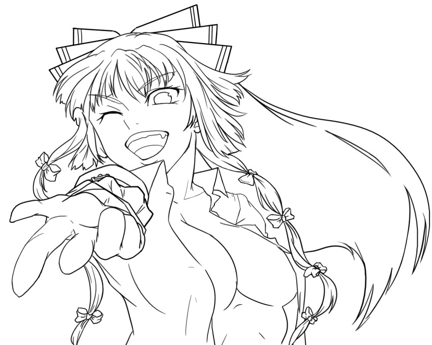 1girl, breasts, female_focus, foreshortening, fujiwara_no_mokou, greyscale, hair_ribbon, kokorozashi_takashi, large_breasts, long_hair, monochrome, one_eye_closed, open_clothes, open_mouth, open_shirt, ribbon, shirt, simple_background, solo, touhou, wink