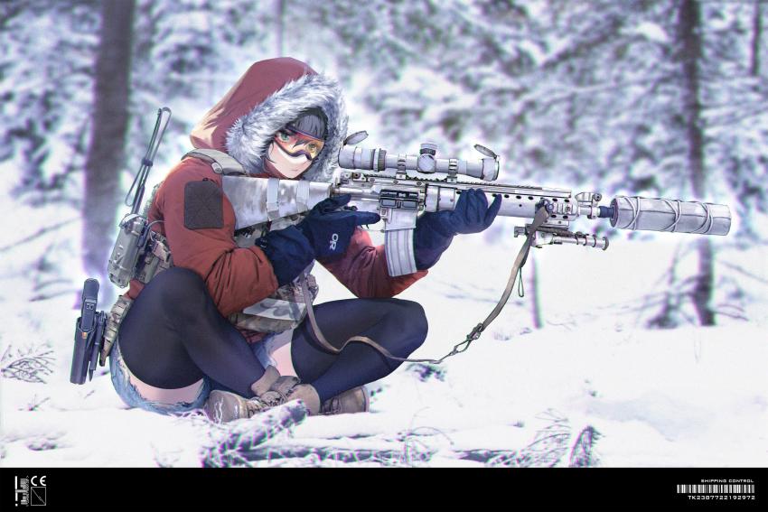 1girl, absurdres, barcode, black_gloves, black_hair, black_thighhighs, blurry, blurry_background, boots, brown_boots, buckle, bulletproof_vest, chinese_commentary, closed_mouth, commentary, denim, denim_shorts, full_body, fur-trimmed_hood, fur_trim, gloves, goggles, green_eyes, gun, hair_between_eyes, handgun, highres, holding, holding_gun, holding_weapon, hood, hood_up, hooded_jacket, jacket, little_red_riding_hood_(fairy_tale), little_red_riding_hood_(fairy_tale_character), long_sleeves, looking_away, mk_12_spr, on_ground, orange-tinted_eyewear, outdoors, red_jacket, scope, short_shorts, shorts, sitting, ski_goggles, snap-fit_buckle, snow, solo, suppressor, thighhighs, tiewan, tinted_eyewear, weapon