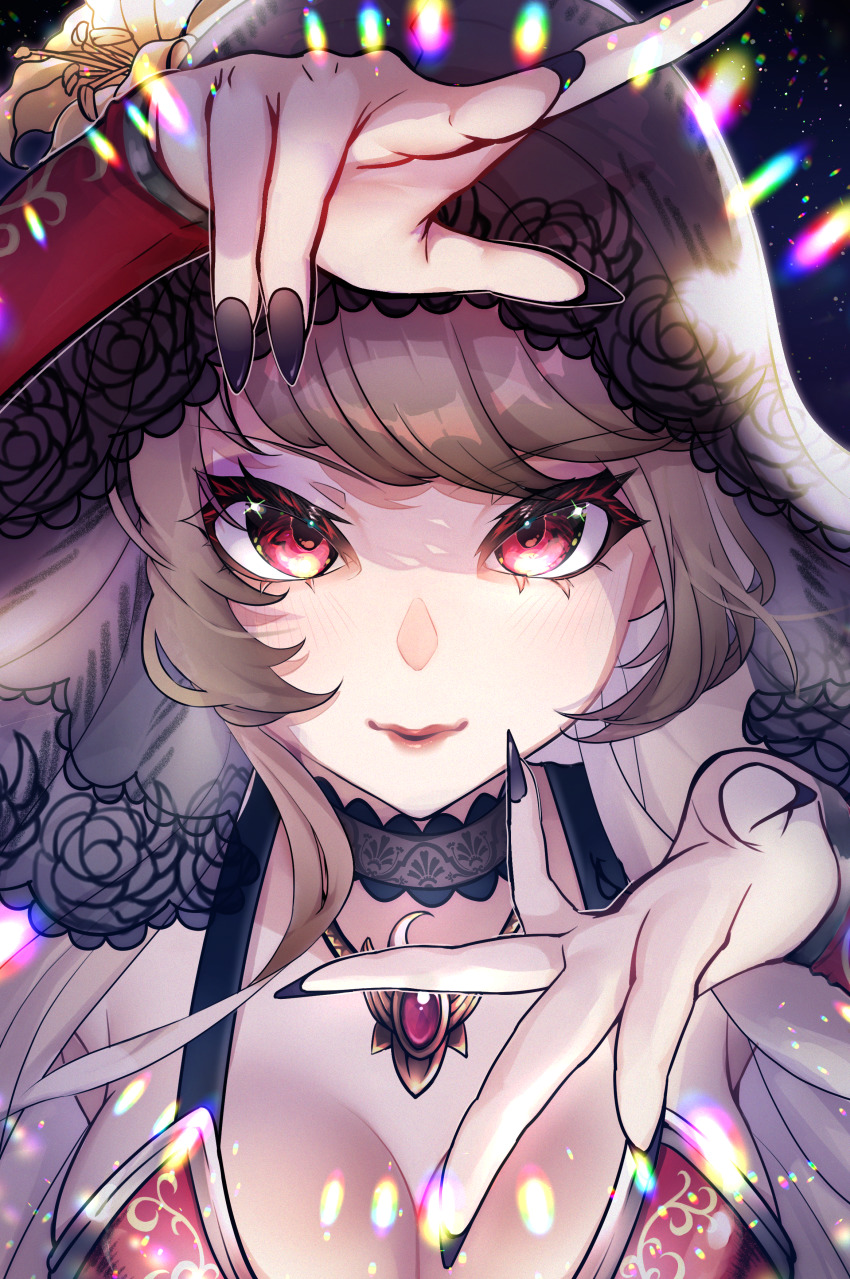 1girl, absurdres, black_nails, black_veil, close-up, closed_mouth, dark_background, detached_collar