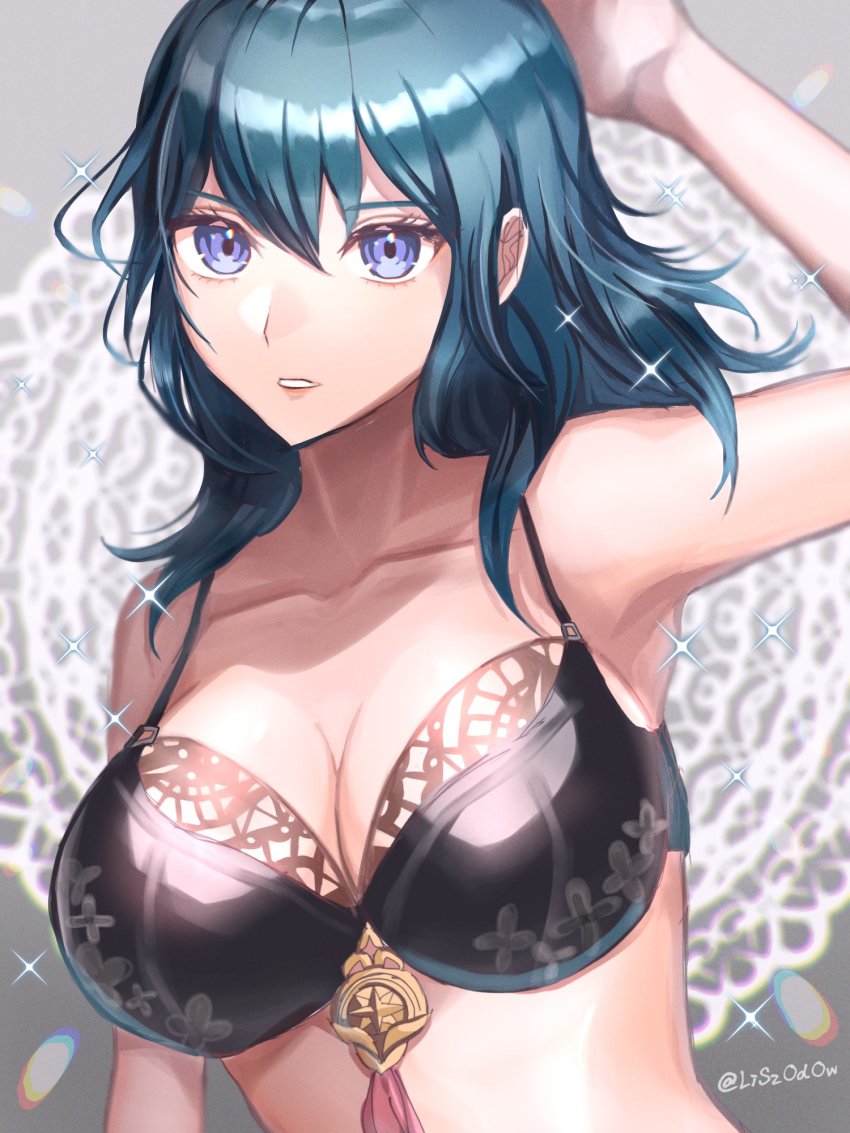 1girl, arm_up, armpits, black_bra, blue_hair, bra, breasts, female_byleth_(fire_emblem)