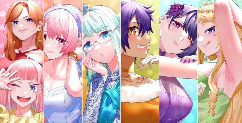 6+girls, :o, akino_sayuri, armpits, asuka_(dosanko_gyaru_wa_namaramenkoi), bead_bracelet, beads, black_hair