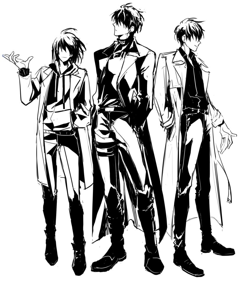 1girl, 2boys, absurdres, belt, boots, closed_mouth, faceless, faceless_female, faceless_male, full_body, greyscale, han_sooyoung, hand_in_pocket, hand_up, hands_in_pockets, highres, hood, hood_down, hoodie, jacket, kim_dokja, long_sleeves, medium_hair, monochrome, multiple_boys, omniscient_reader's_viewpoint, open_clothes, open_jacket, pants, rhyme1863, shirt, shoes, short_hair, simple_background, smile, standing, white_background, yoo_joonghyuk