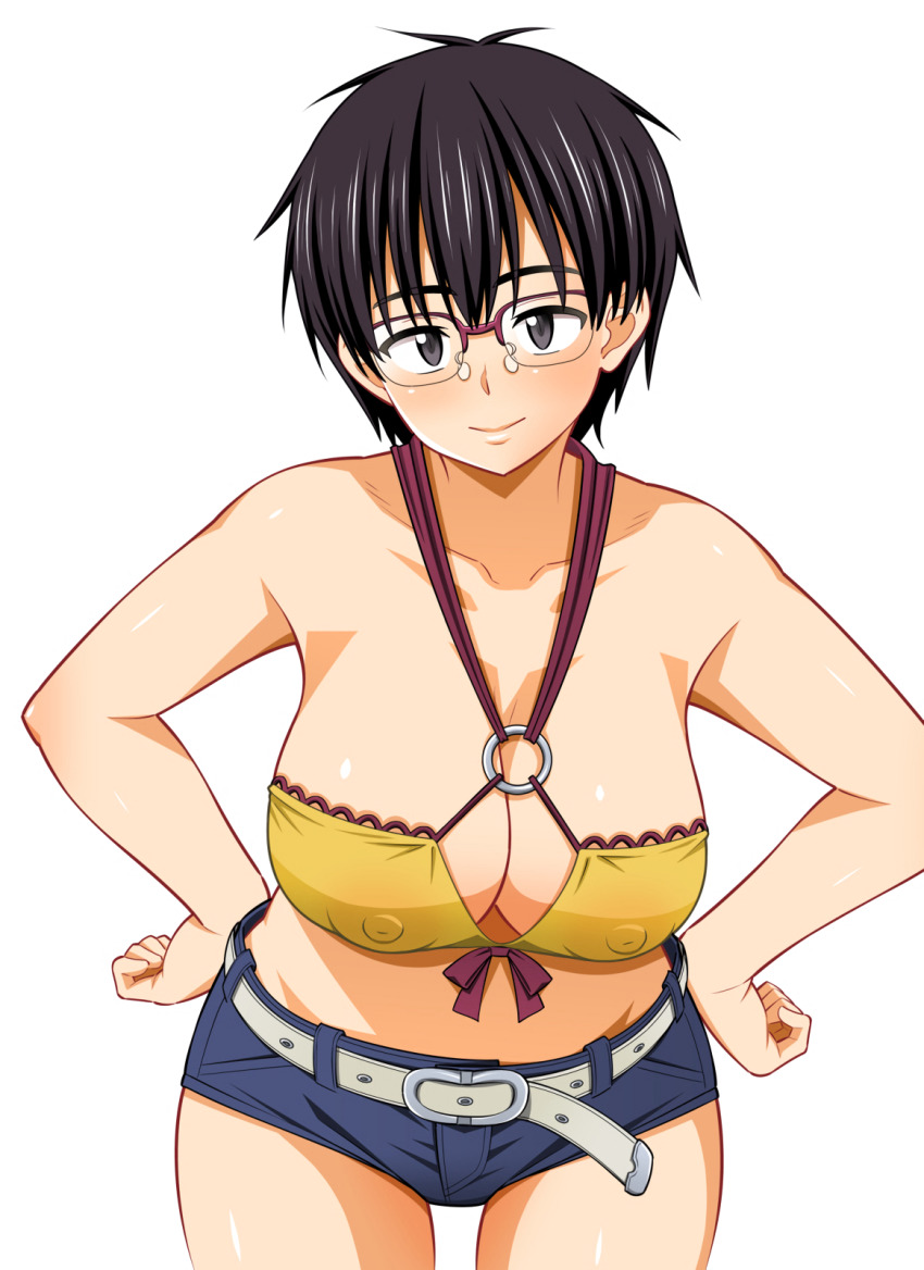 1girl, amaha_masane, black_hair, breasts, brown_eyes, cleavage, covered_erect_nipples, denim