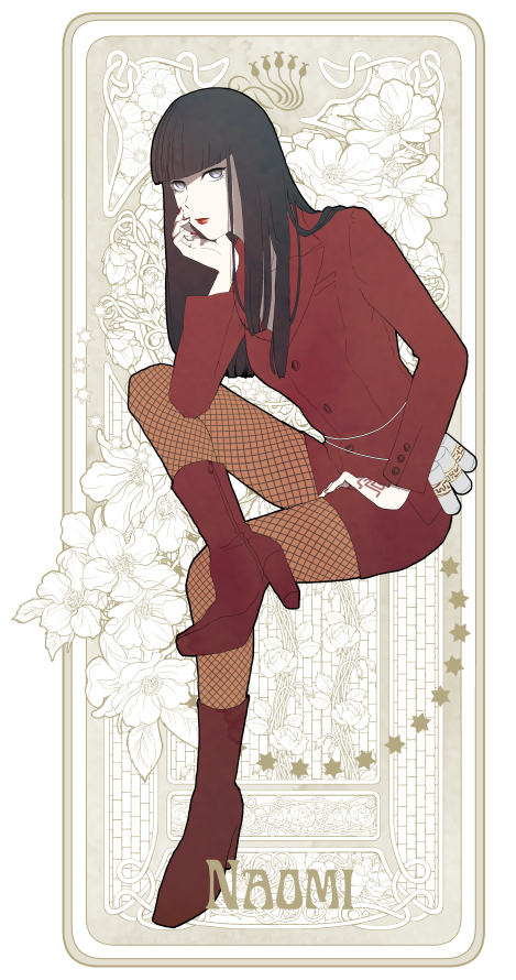 1girl, black_hair, boots, closed_mouth, devil_summoner_(series), devil_summoner:_soul_hackers, flower, formal_clothes