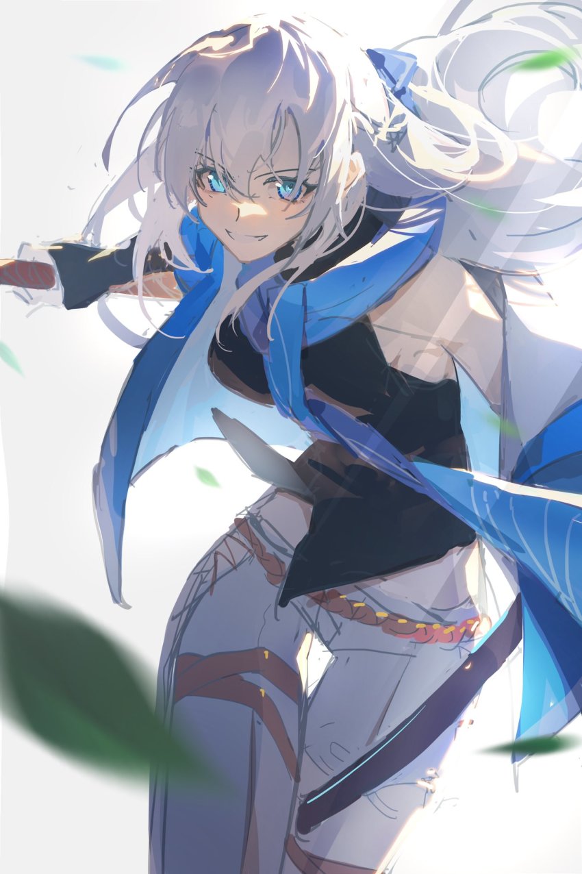 1girl, black_tank_top, blue_bow, blue_eyes, blue_jacket, bow, breasts, ck_rath, denim, eiyuu_densetsu, fingerless_gloves, gloves, highres, holding, holding_sword, holding_weapon, jacket, jeans, katana, kuro_no_kiseki_(series), kuro_no_kiseki_i, large_breasts, long_hair, looking_at_viewer, pants, shizuna_rem_misurugi, smug, sword, tank_top, thigh_strap, thighs, unfinished, weapon, white_hair, white_pants