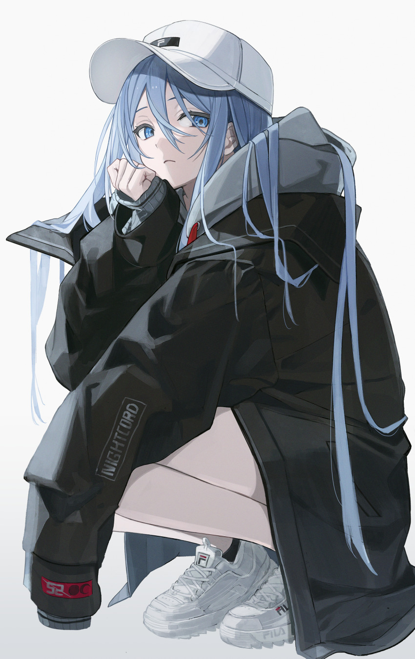 1girl, absurdres, alternate_costume, bare_legs, baseball_cap, black_jacket, black_socks, blue_eyes