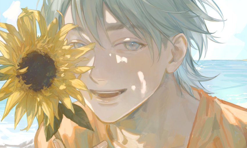 1boy, aino0219, blue_eyes, blue_hair, blue_sky, cloud, commentary, english_commentary, flower, highres, holding, holding_flower, horizon, leaf, light_blue_hair, looking_at_viewer, male_focus, ocean, open_mouth, orange_shirt, original, outdoors, profile, shade, shirt, short_hair, sky, smile, solo, summer, sunflower, teeth, upper_teeth_only, yellow_flower