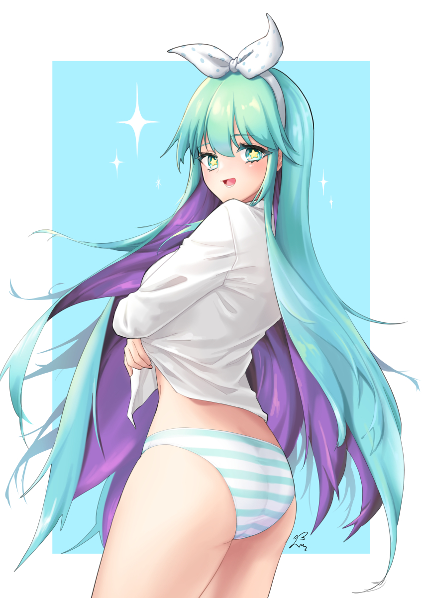 +_+, 1girl, absurdres, aqua_hair, ass, blue_eyes, bow, character_request