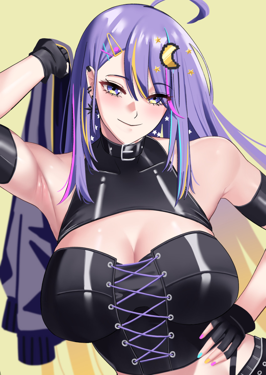 1girl, ahoge, arm_up, armpits, blue_nails, breasts, cleavage, earrings, fingerless_gloves, gloves, hair_ornament, hairclip, highres, hololive, hololive_indonesia, jacket, jewelry, large_breasts, long_hair, looking_at_viewer, moona_hoshinova, moona_hoshinova_(punk_rock), multiple_earrings, nail_polish, neige_(pixiv6850453), orange_nails, pink_nails, purple_hair, simple_background, smile, solo, unworn_jacket, upper_body, virtual_youtuber