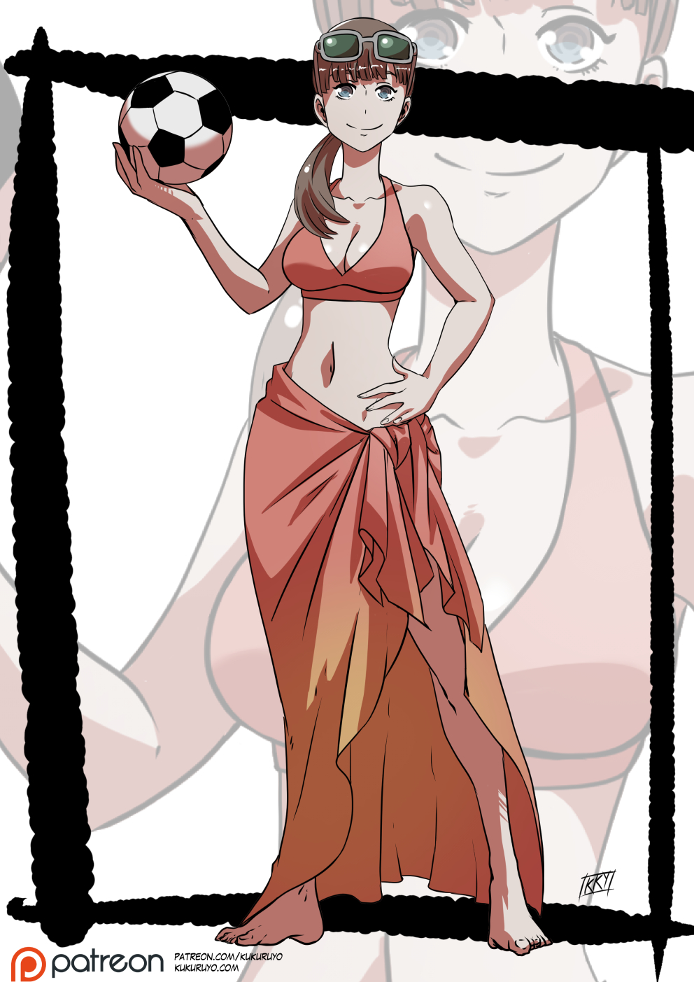 1girl, ball, barefoot, bikini, breasts, cleavage, eyewear_on_head, hand_on_own_hip, highres, holding, holding_ball, keppeki_danshi!_aoyama-kun, kukuruyo, large_breasts, long_hair, medium_breasts, navel, paid_reward_available, patreon_logo, ponytail, smile, soccer_ball, solo, standing, sunglasses, swimsuit, takei_miwa, watermark, web_address, zoom_layer