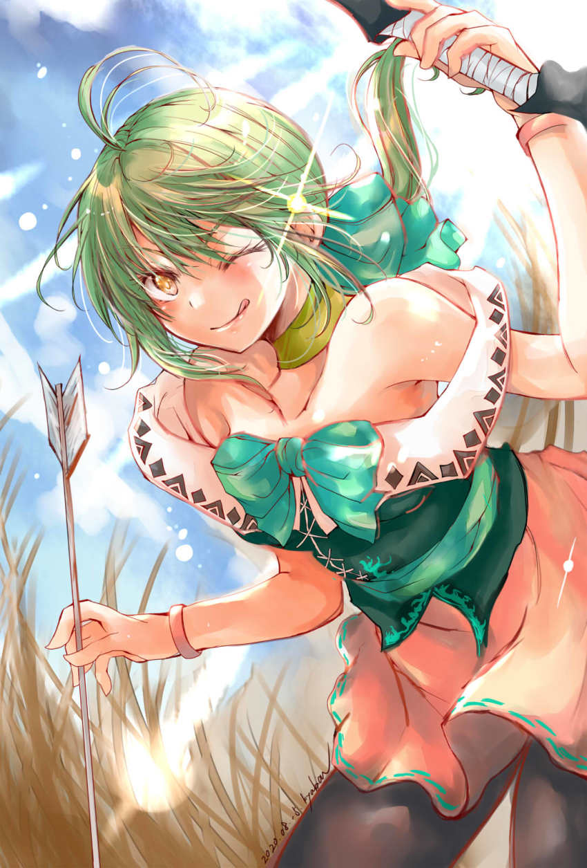1girl, arrow_(projectile), bare_shoulders, bow_(weapon), choker, cloud, dated, green_hair