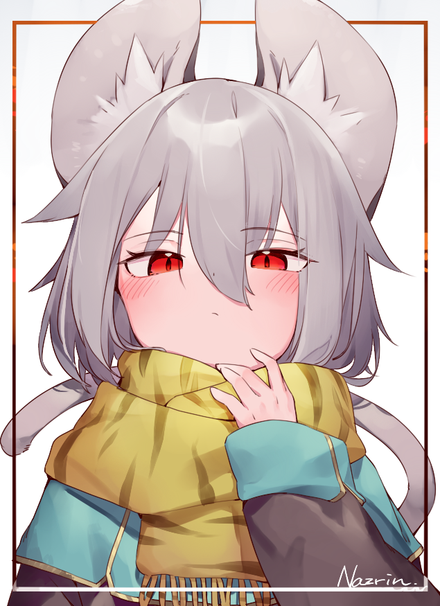 1girl, animal_ear_fluff, animal_ears, animal_print, blue_capelet, blush, capelet, character_name, closed_mouth, commentary_request, grey_hair, kibayashi_kimori, long_sleeves, looking_at_viewer, mouse_ears, mouse_girl, mouse_tail, nazrin, print_scarf, red_eyes, scarf, short_hair, sleeves_past_wrists, solo, tail, tiger_print, touhou, upper_body, white_background, yellow_scarf