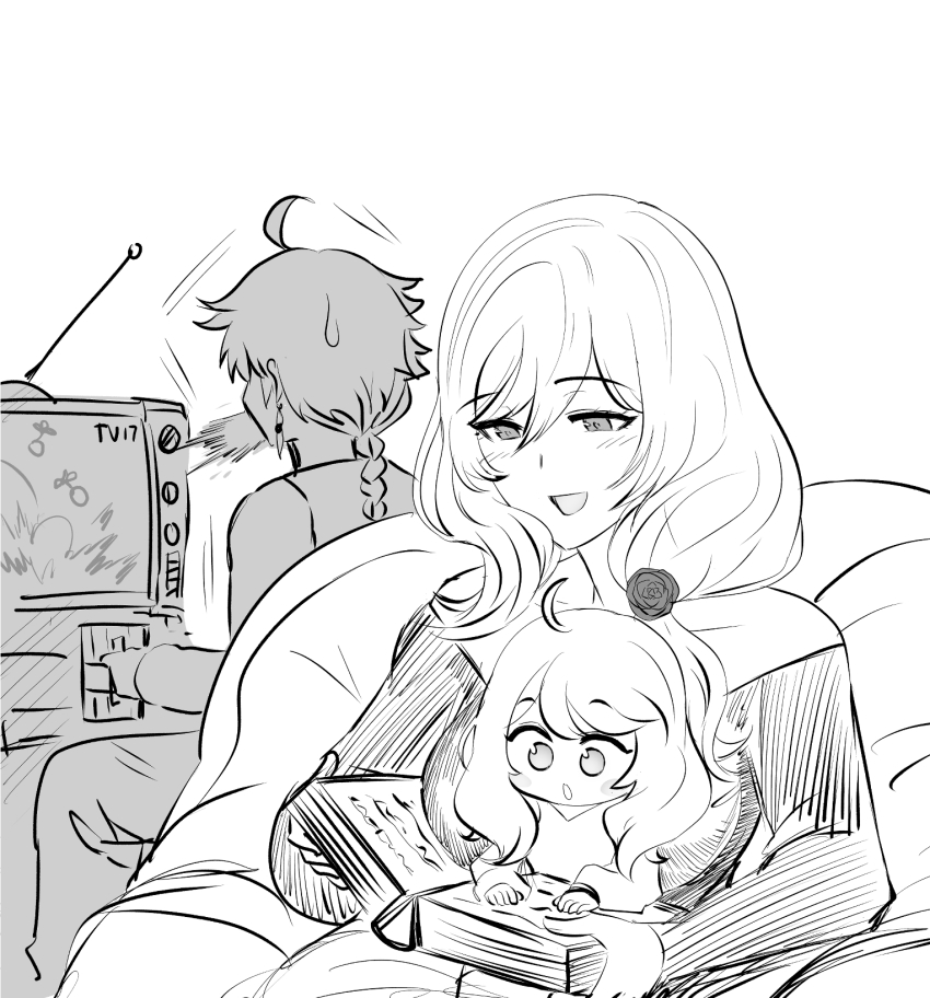 1boy, 2girls, aepuru_arts, aether_(genshin_impact), blush, blush_stickers, book, chibi