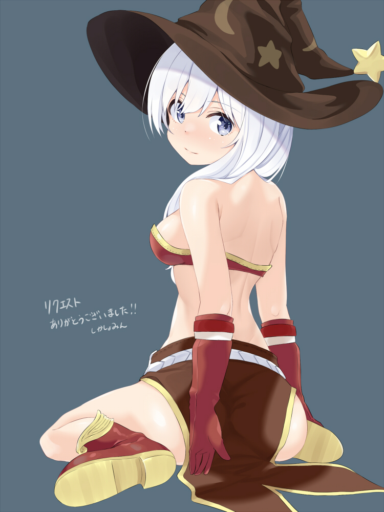 1girl, ass, back, bikini, bikini_top_only, blue_background, blush, boots, breasts, brown_hat, brown_skirt, closed_mouth, commentary_request, commission, crescent_print, elbow_gloves, from_behind, full_body, gloves, grey_eyes, hat, hat_ornament, long_hair, looking_at_viewer, looking_back, mage_(ragnarok_online), medium_breasts, pixiv_commission, ragnarok_online, red_bikini, red_boots, red_gloves, shika, simple_background, sitting, skirt, smile, solo, star_(symbol), star_hat_ornament, star_print, swimsuit, translation_request, wariza, white_hair, witch_hat