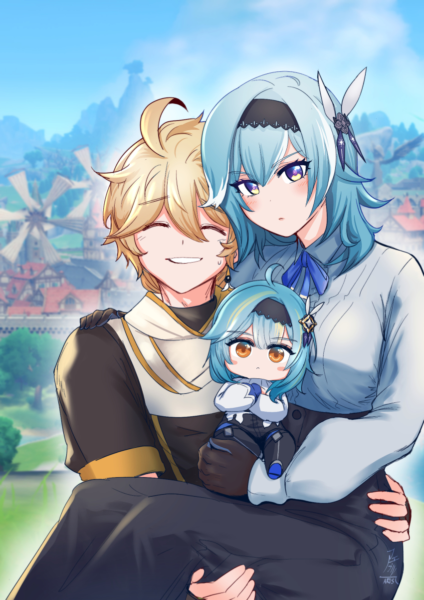 1boy, 2girls, aepuru_arts, aether_(genshin_impact), aether_(guilin)_(genshin_impact), blonde_hair, blue_eyes, blue_hair, blush, blush_stickers, carrying, chibi, eula_(genshin_impact), father_and_child, father_and_daughter, genshin_impact, hair_ribbon, hand_on_another's_shoulder, highres, if_they_mated, mother_and_child, mother_and_daughter, multiple_girls, parent_and_child, princess_carry, ribbon, yellow_eyes