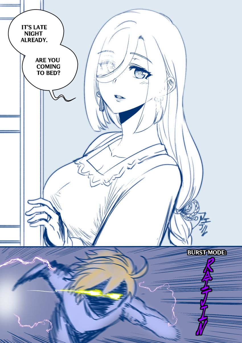 2koma, aepuru_arts, aether_(genshin_impact), blonde_hair, breasts, comic, earrings, english_text