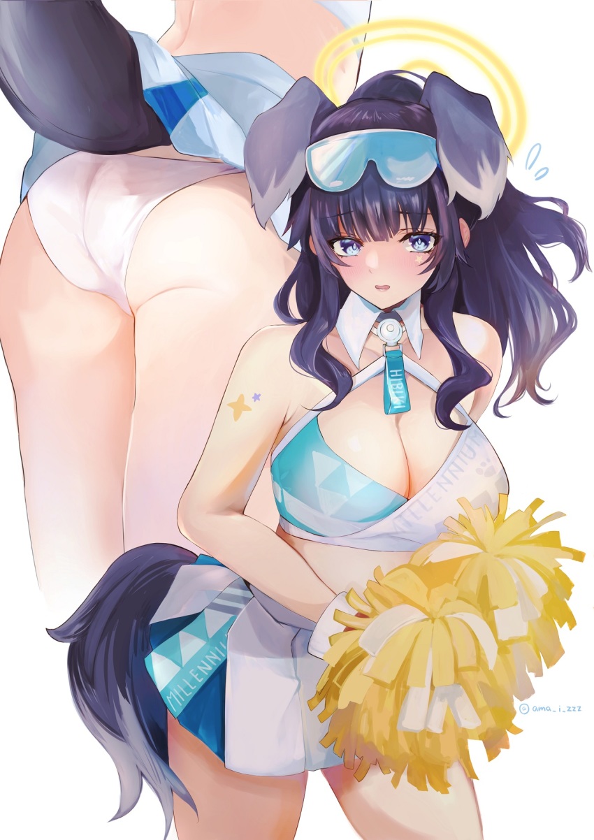 1girl, animal_ears, ass, bare_shoulders, bikini, bikini_top_only, black_hair, blue_archive, blue_eyes, blue_skirt, blush, breasts, cheerleader, cismlyri, cleavage, criss-cross_halter, crop_top, detached_collar, dog_ears, dog_girl, dog_tail, extra_ears, eyewear_on_head, goggles, goggles_on_head, halo, halterneck, hibiki_(blue_archive), hibiki_(cheer_squad)_(blue_archive), highres, large_breasts, long_hair, looking_at_viewer, millennium_cheerleader_outfit_(blue_archive), miniskirt, multicolored_bikini, multiple_views, official_alternate_costume, panties, pom_pom_(cheerleading), ponytail, sidelocks, skirt, swimsuit, tail, twitter_username, two-tone_bikini, two-tone_skirt, underwear, white_panties, white_skirt