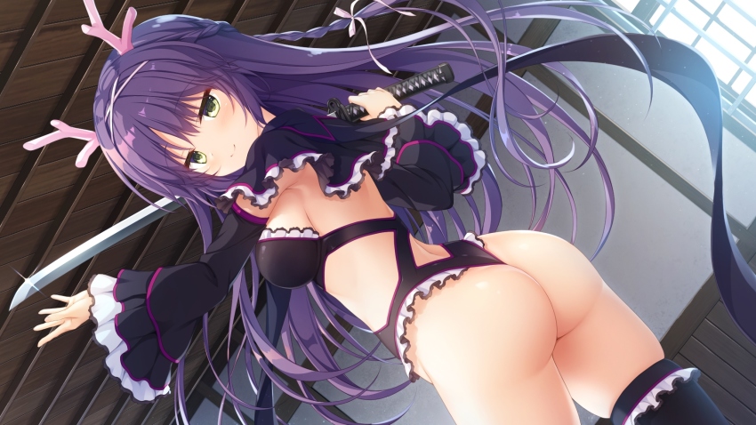 1girl, ass, bra, ceiling, detached_sleeves, dragon_girl, dragon_horns, drapri_guu-ta-life