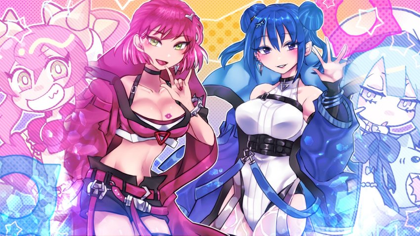 2girls, backdrop, blue_eyes, blue_hair, breasts, crop_top, double_bun, duel_monster, evil_twin_ki-sikil, evil_twin_ki-sikil_(alternate_art), evil_twin_lil-la, evil_twin_lil-la_(alternate_art), green_eyes, hair_bun, highres, jacket, ki-sikil_(yu-gi-oh!), leotard, lil-la_(yu-gi-oh!), lipstick_mark, lipstick_mark_on_breast, live_twin_ki-sikil, live_twin_lil-la, looking_at_viewer, medium_breasts, midriff, multiple_girls, navel, official_alternate_costume, okirune_(yappa_neruwa), open_clothes, open_jacket, pink_hair, short_hair, shorts, smile, white_leotard, yu-gi-oh!