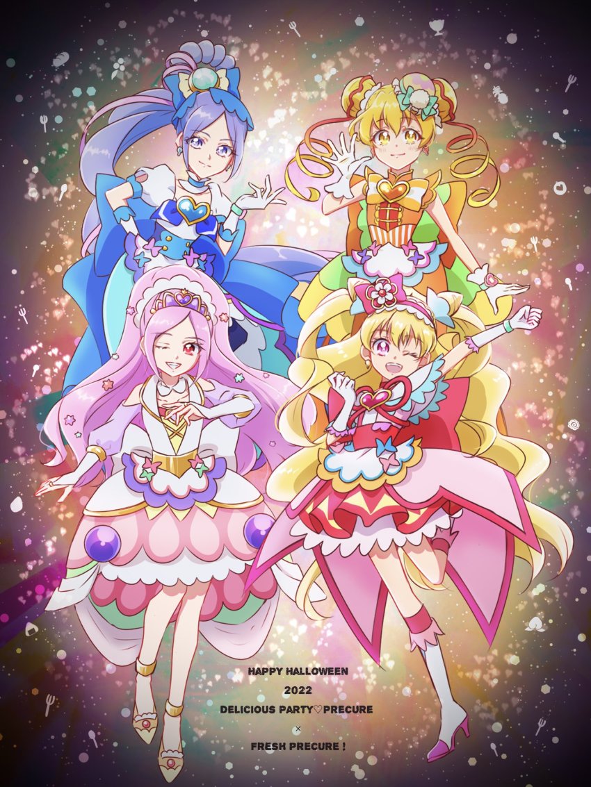 2022, 4girls, :d, aono_miki, blonde_hair, blue_eyes, blue_hair, commentary