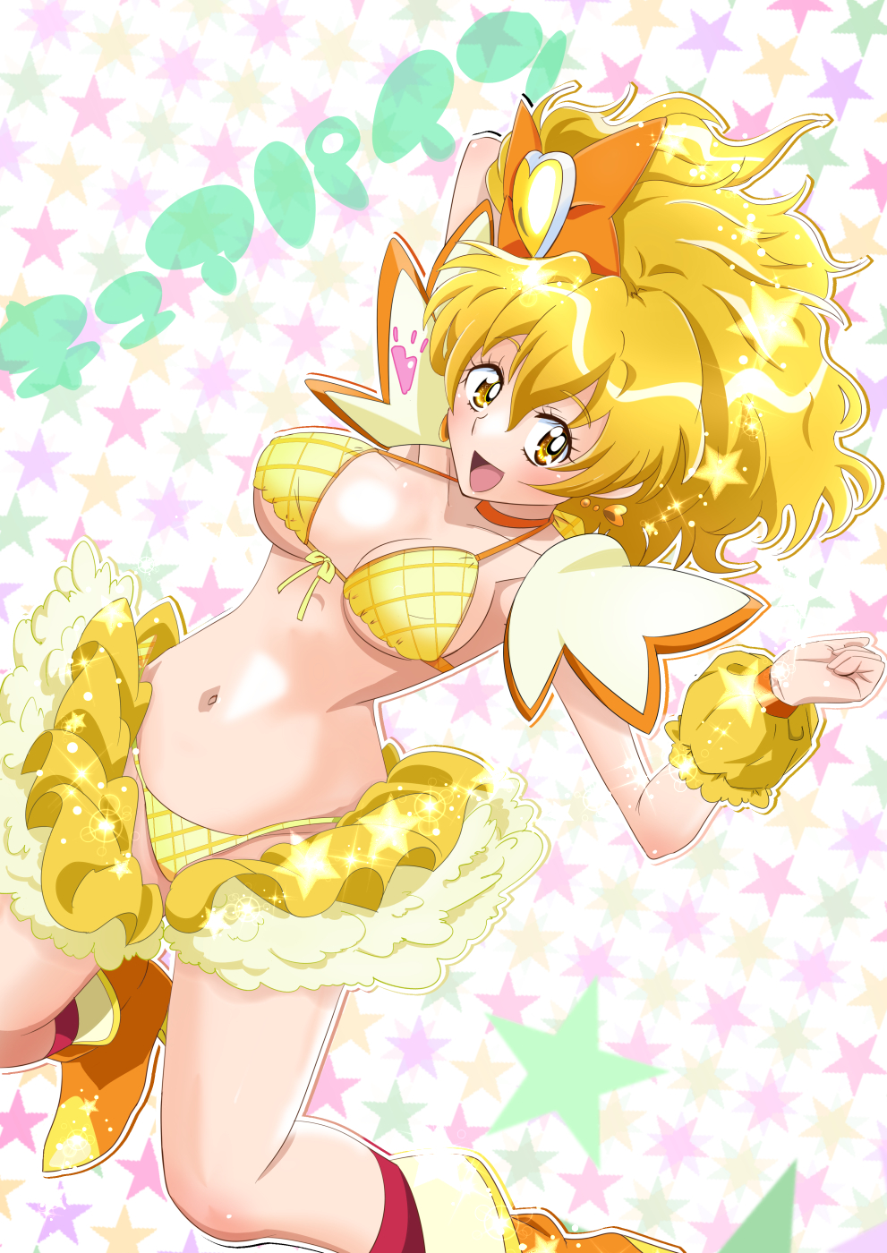 1girl, :d, adapted_costume, alternate_costume, bikini, blonde_hair, boots, breasts, choker, commentary_request, cure_pine, eyelashes, fresh_precure!, frills, hair_ornament, happy, high_heel_boots, high_heels, highres, looking_at_viewer, magical_girl, medium_breasts, medium_hair, nakagawa_akiko, navel, open_mouth, precure, pururun_z, side_ponytail, smile, solo, swimsuit, voice_actor_connection, wrist_cuffs, yamabuki_inori, yellow_bikini, yellow_boots, yellow_eyes