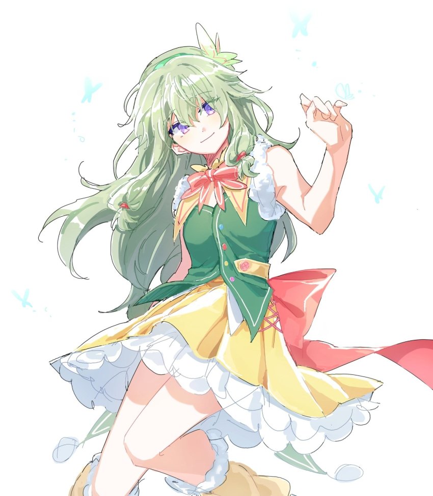 1girl, back_bow, bow, bowtie, butterfly_hair_ornament, closed_mouth, commentary, dress