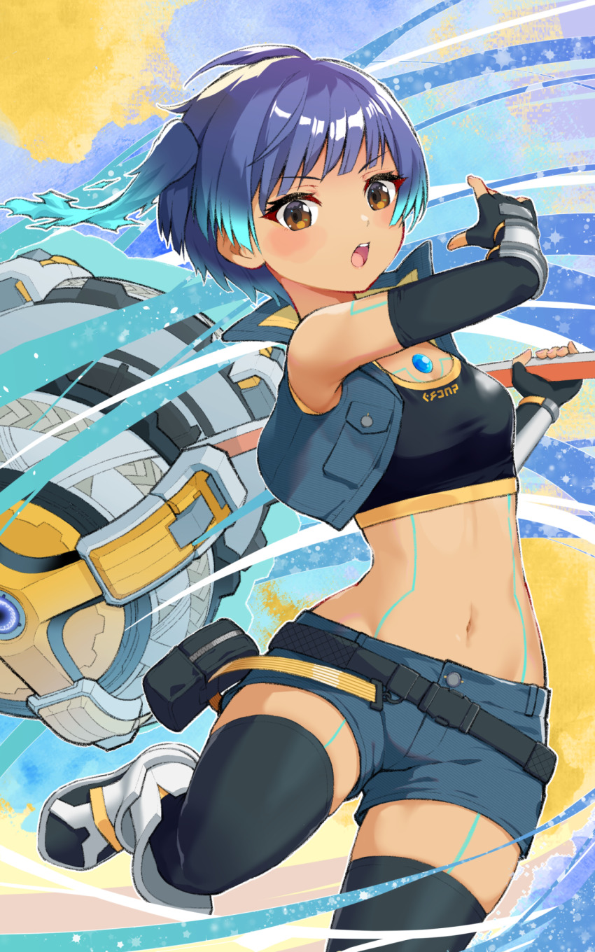 1girl, 3balkan, blue_hair, breasts, brown_eyes, chest_jewel, fiery_hair, glowing_lines, hammer, highres, holding, holding_hammer, leggings, navel, sena_(xenoblade), shoulder_strap, small_breasts, solo, sports_bra, xenoblade_chronicles_(series), xenoblade_chronicles_3