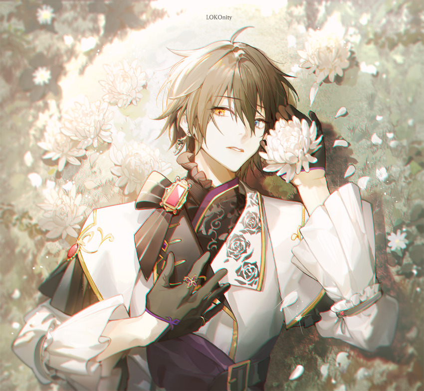 1boy, black_gloves, black_hair, black_shirt, blue_eyes, capelet, chromatic_aberration, chrysanthemum