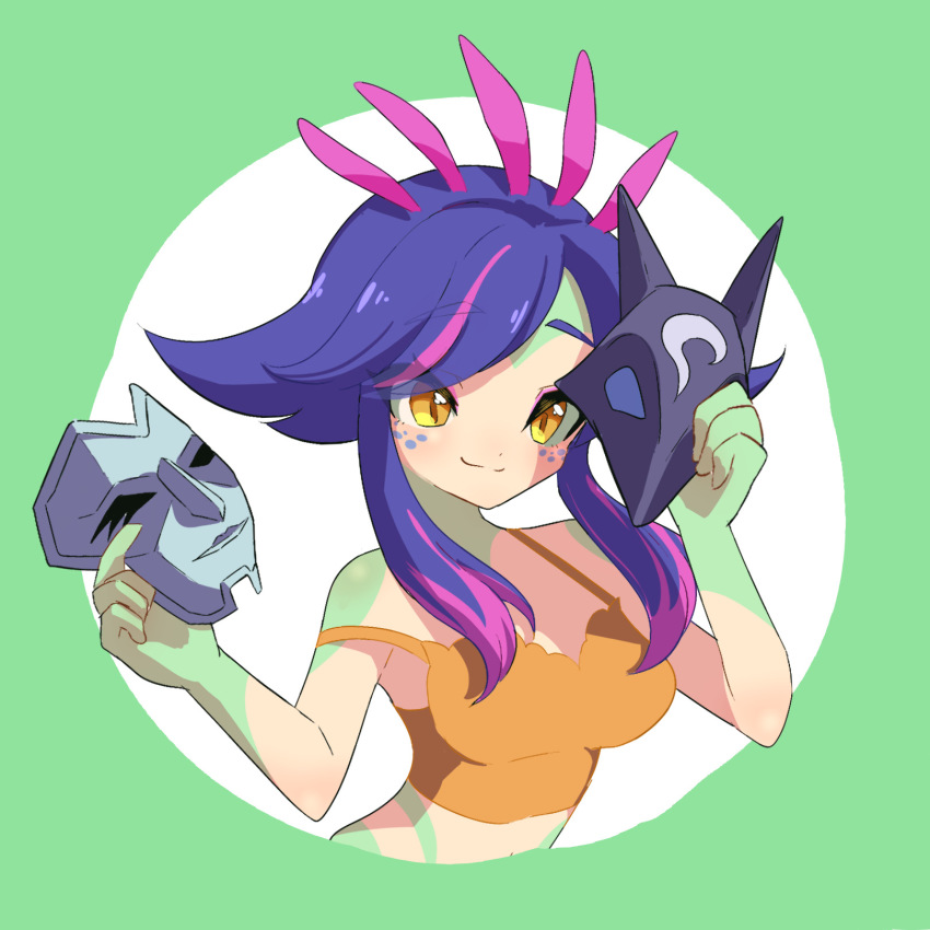 1girl, bare_shoulders, breasts, closed_mouth, crop_top, green_background, hands_up, highres