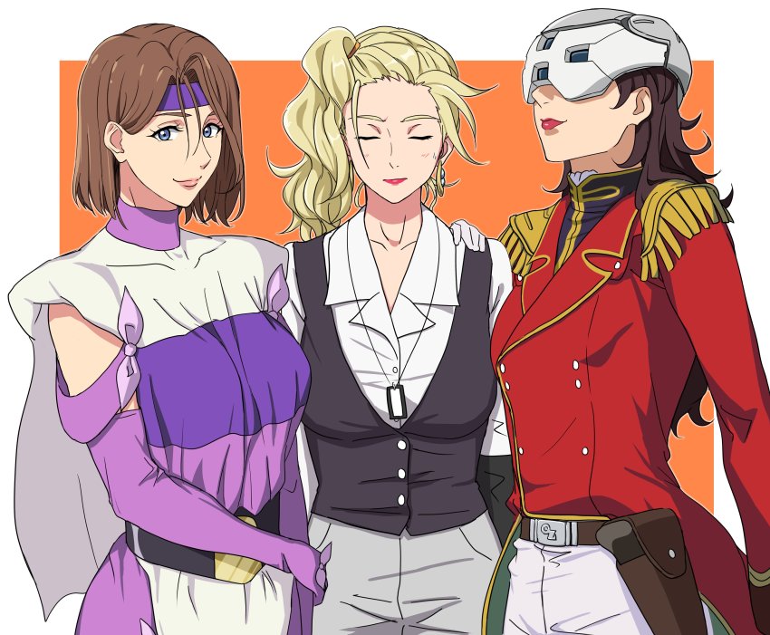 3girls, absurdres, blonde_hair, blue_eyes, brown_hair, closed_eyes, covered_eyes, crossover, gundam, gundam_suisei_no_majo, helmet, highres, lipstick, long_hair, makeup, mask, mature_female, military, military_uniform, multicolored_shirt, multiple_girls, prospera_mercury, sakuraba_yumika, season_connection, shinobi_no_ittoki, signature, smile, sosona, upper_body, wavy_hair