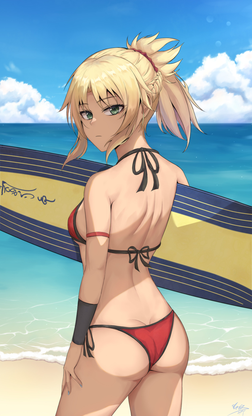 1girl, absurdres, ass, bikini, blonde_hair, blue_sky, braid, breasts