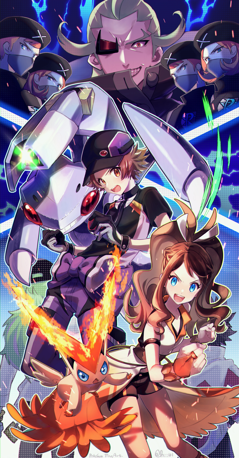 3girls, 6+boys, antenna_hair, black_headwear, black_shirt, blue_eyes, brown_eyes, brown_hair