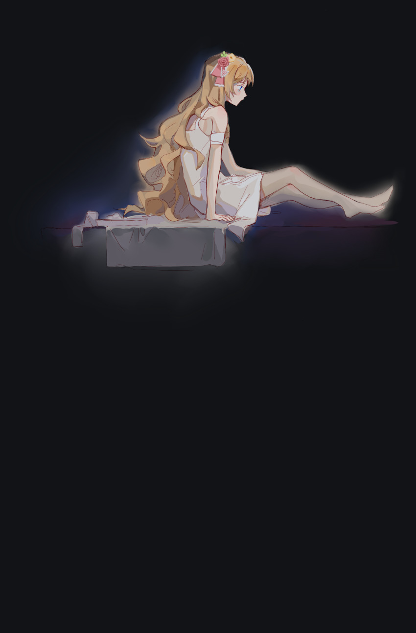 1girl, absurdres, barefoot, black_background, blonde_hair, blue_eyes, chinese_commentary, commentary_request, cursenday's_dark_carnival, dress, flower, hair_flower, hair_ornament, highres, long_hair, midarete, nancy_(cursenday's_dark_carnival), red_flower, red_rose, rose, simple_background, sitting, sleeveless, sleeveless_dress, solo, white_dress, yellow_flower