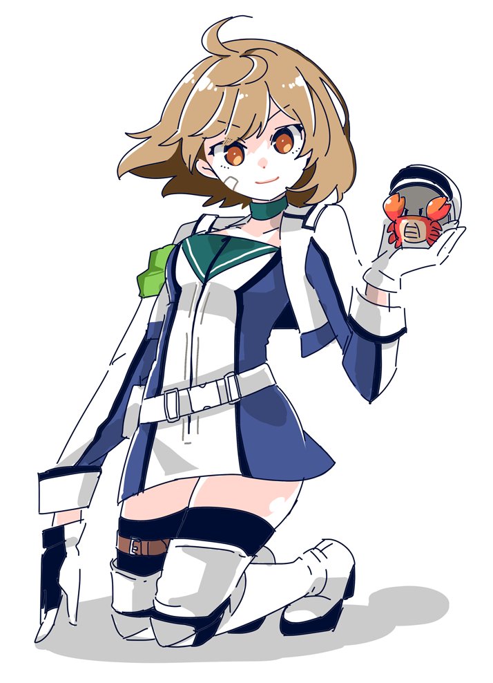 1girl, ahoge, armband, bandaid, bandaid_on_face, boots, brown_eyes, brown_hair