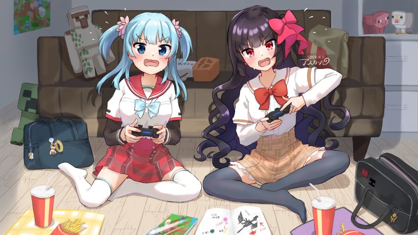 2girls, asukaru_(magika_ru), black_sleeves, blaze_(minecraft), blue_bow, blue_bowtie, blue_eyes, blue_hair