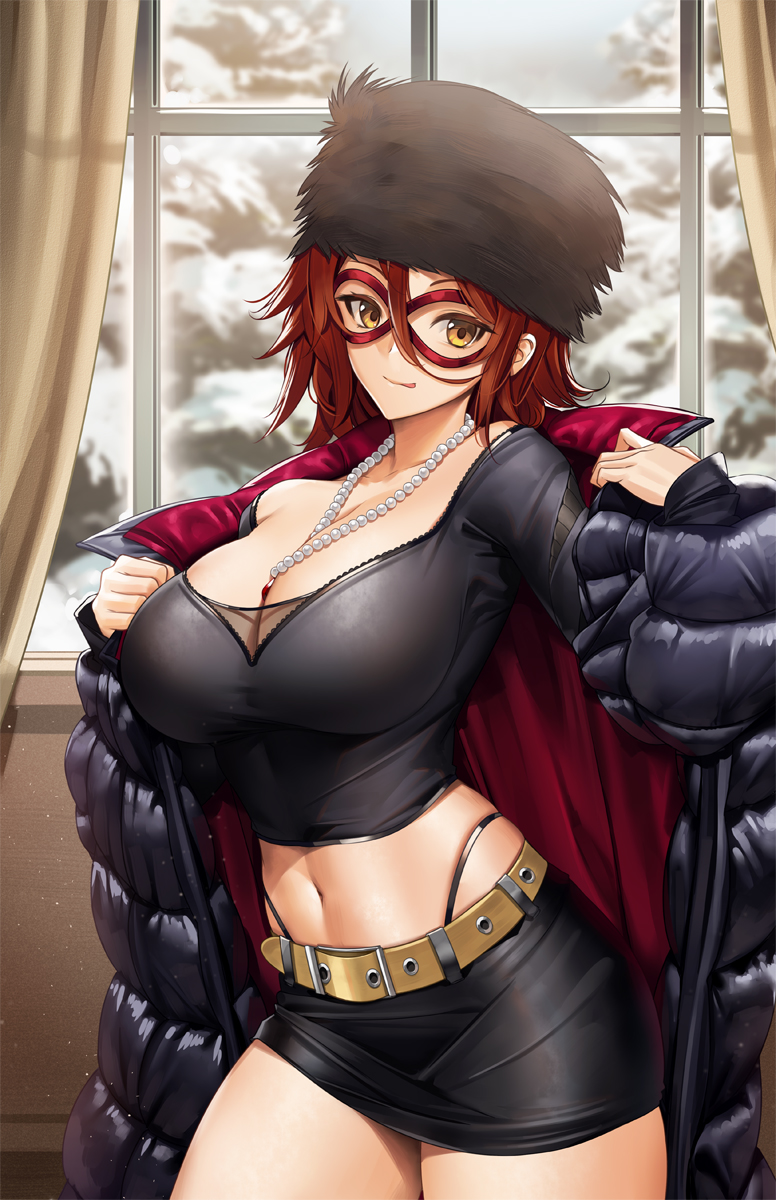 1girl, breasts, brown_eyes, brown_hair, cleavage, crop_top, domino_mask, eye_mask