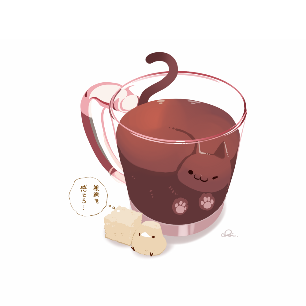 animal_hands, bird, cat, chai_(drawingchisanne), coffee, cup, food, food-themed_creature, food_focus, in_food, mug, no_humans, original, simple_background, sugar_cube, sweets_bird, tail, undersized_animal, white_background