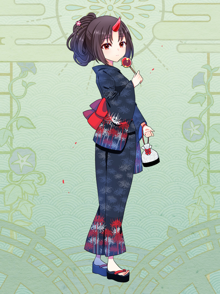 1girl, araya_tsukasa, bag, black_hair, brown_eyes, candy_apple, dairoku_ryouhei, egasumi