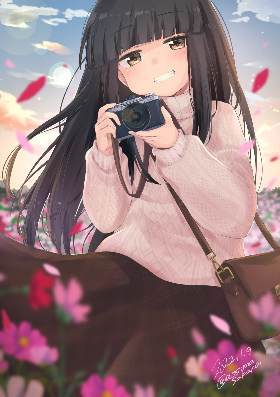 1girl, alternate_costume, aoshima_sakana, black_hair, blue_sky, blunt_bangs, blurry, brown_eyes