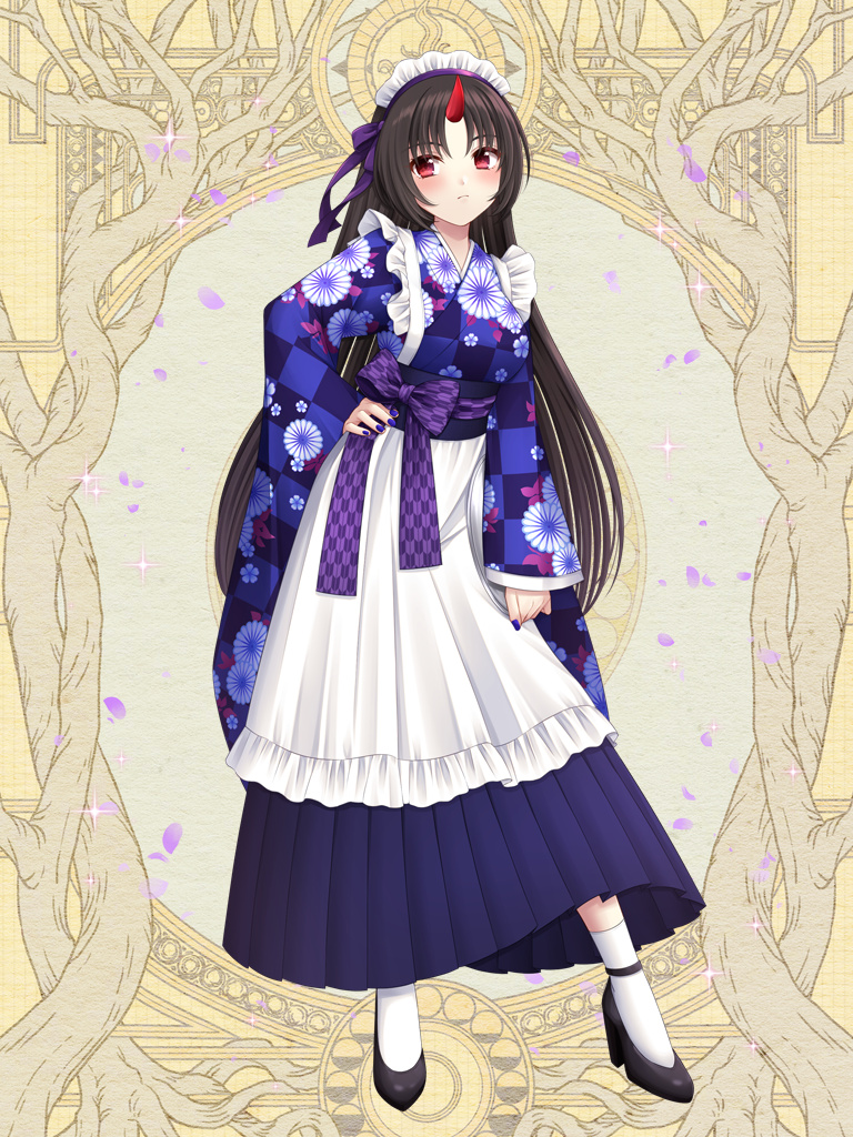 1girl, araya_tsukasa, black_footwear, black_hair, blue_nails, blush, bow, commission, dairoku_ryouhei, hand_on_own_hip, horns, japanese_clothes, kimono, long_hair, long_sleeves, maid_headdress, nail_polish, purple_bow, red_horns, single_horn, socks, solo, sorakase_sawa, very_long_hair, white_socks