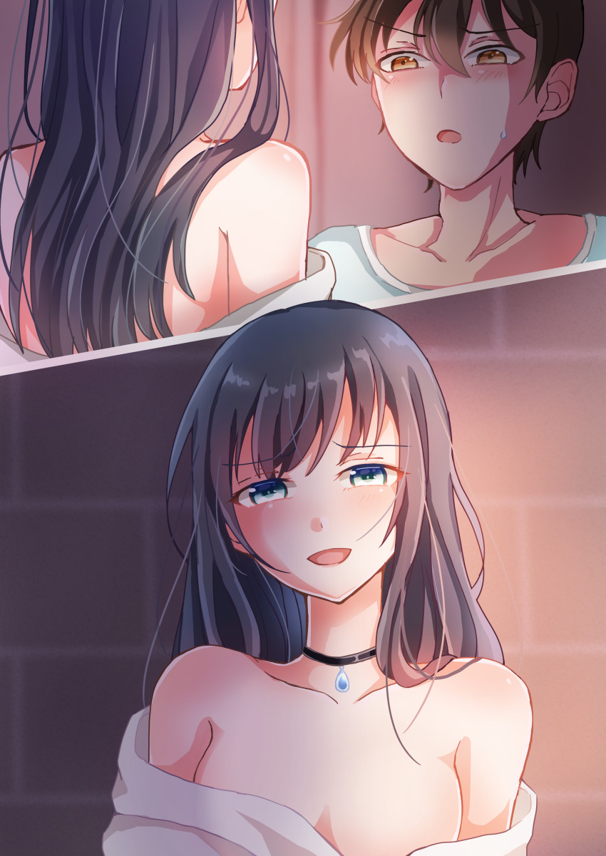 1boy, 1girl, :d, absurdres, amano_hina_(tenki_no_ko), blue_eyes, blurry, blurry_background, blush, breasts, brick_wall, brown_eyes, brown_hair, cleavage, collarbone, grey_hair, hair_between_eyes, highres, long_hair, morishima_hodaka_(tenki_no_ko), open_mouth, shirt, short_hair, small_breasts, smile, straight_hair, sweatdrop, tenki_no_ko, upper_body, utaso_(satsuo), white_shirt