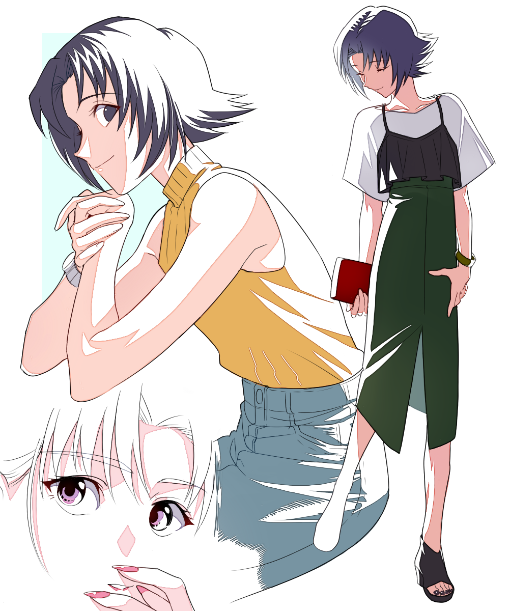 1boy, bare_arms, black_nails, bracelet, casual, collarbone, green_pants, grey_hair, hair_intakes, high-waist_pants, highres, holding, honjou_kamatari, jewelry, medium_hair, nail_polish, okurase, pants, pink_nails, rurouni_kenshin, shirt, short_sleeves, sweater, sweater_vest, toenail_polish, toenails, trap, watch, white_shirt, wristwatch, yellow_sweater