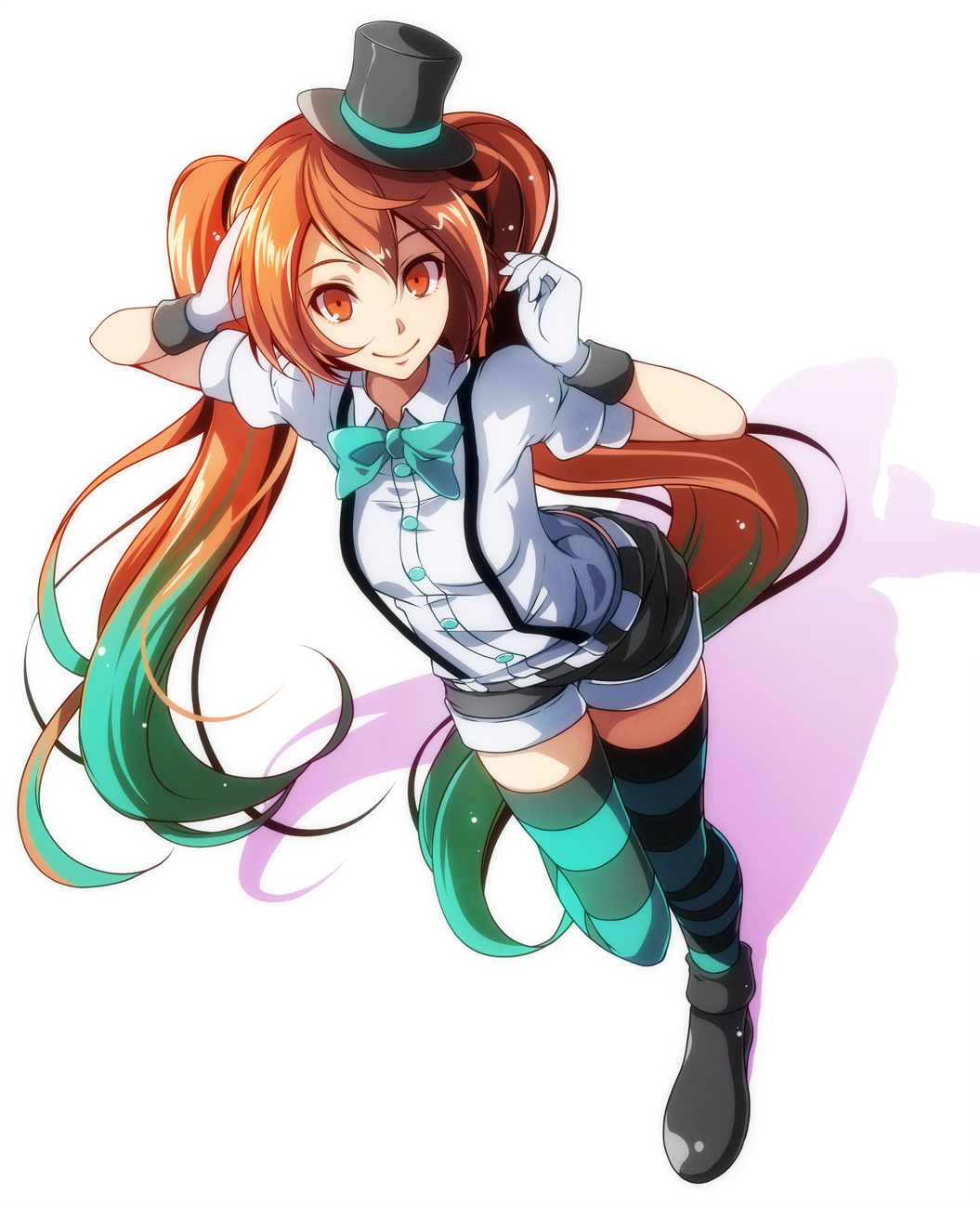 1girl, black_footwear, black_hat, black_shorts, blue_bow, blue_bowtie, blue_hair, bow