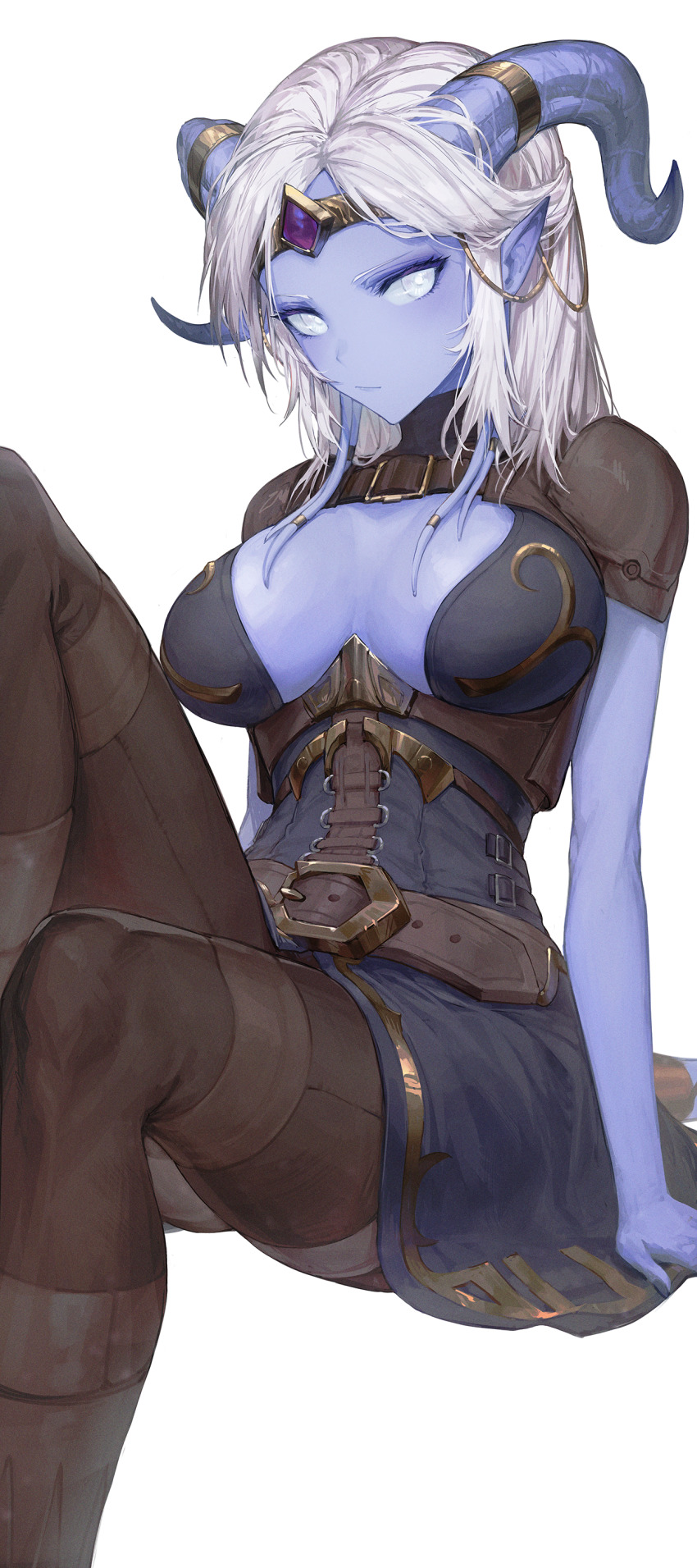 1girl, absurdres, belt, blizzard_(company), blue_dress, blue_skin, breasts, breasts_apart, brown_belt, brown_pantyhose, circlet, closed_mouth, colored_skin, commission, curled_horns, draenei, dress, highres, horn_ornament, horn_ring, horns, invisible_chair, large_breasts, looking_at_viewer, medium_hair, non-web_source, pantyhose, parted_bangs, pointy_ears, simple_background, sitting, solo, warcraft, white_background, white_eyes, white_hair, world_of_warcraft, xraydreads